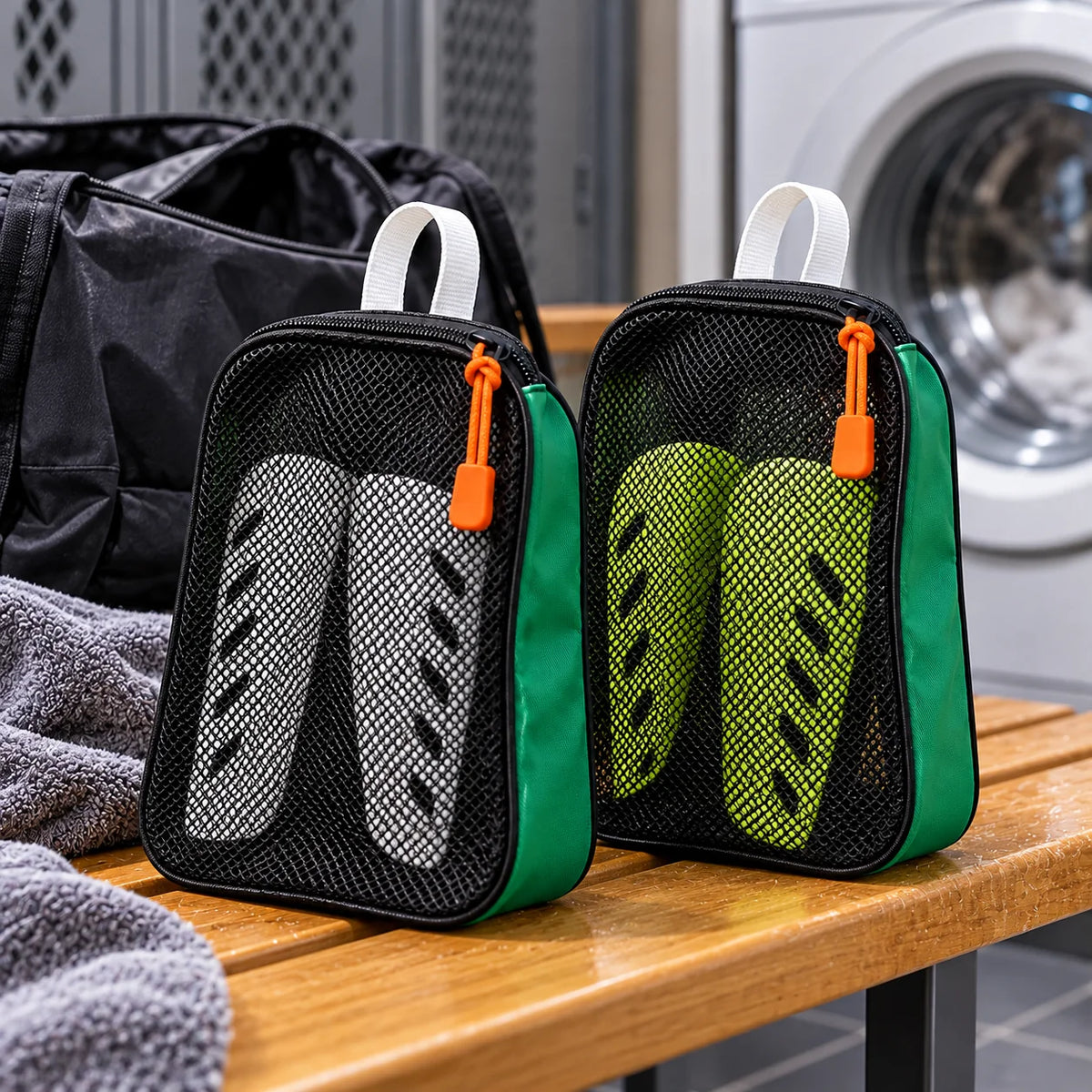 Shin Guard Wash Pouch Pair — in use